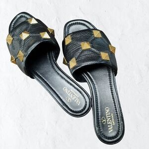 Valentino Women's Black and Gold Studded Slides